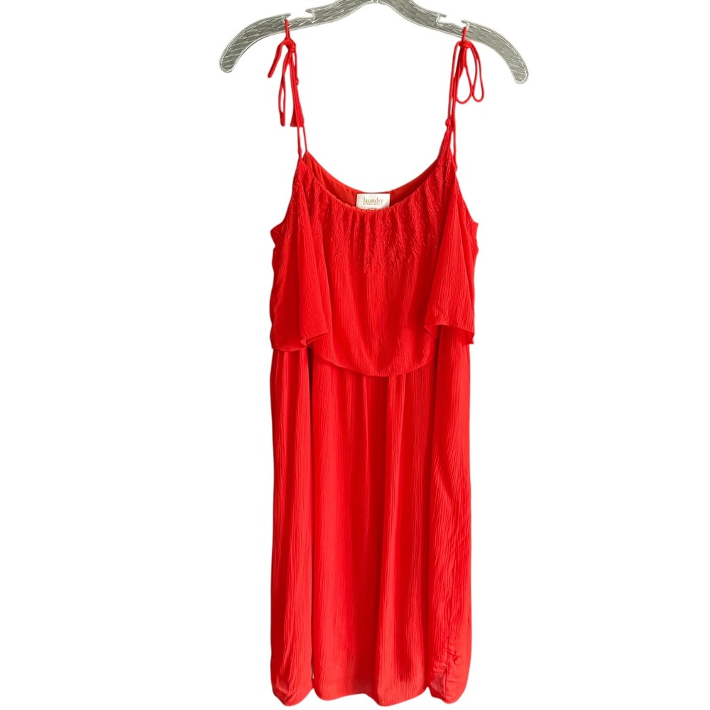 Laundry Red Midi Dress Crinkle Tie Strap Ruffle Overlay Boho Chic Women's Size 6